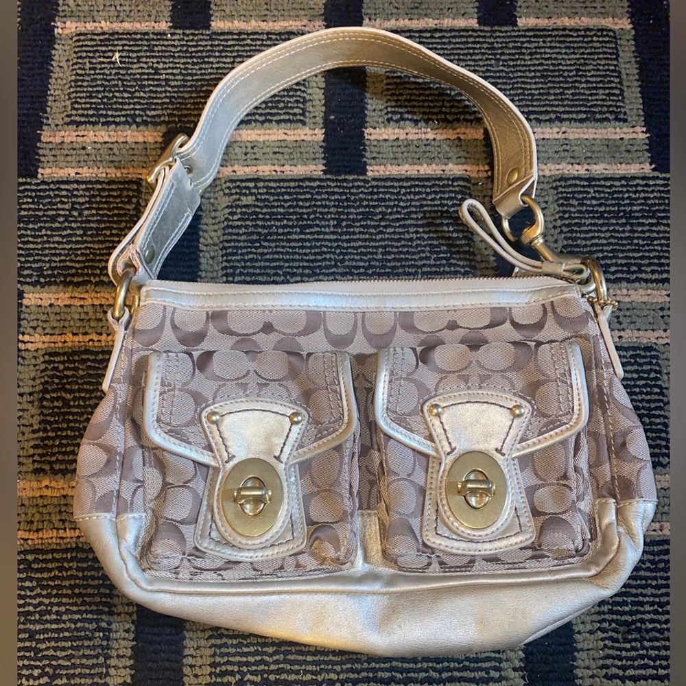 Coach Signature Legacy Shoulder Bag Khaki Jacquard Gold Leather Trim F12869 EUC